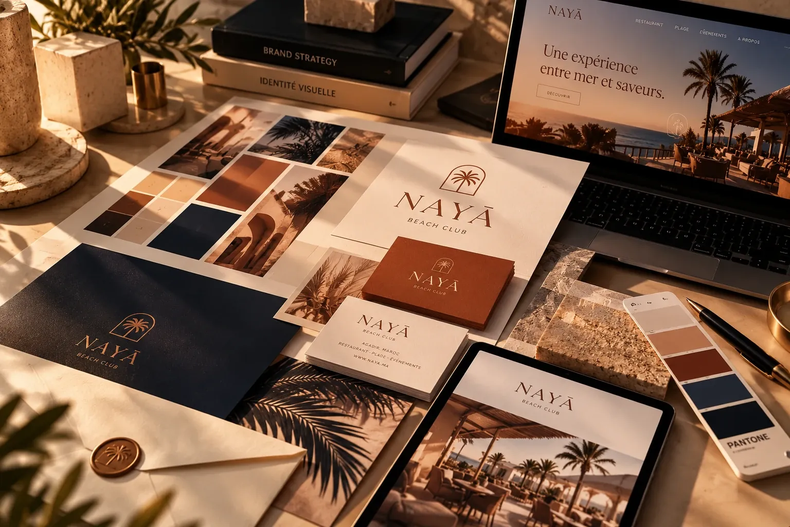 Identité visuelle d’une marque : moodboard, palette de couleurs, cartes de visite, papeterie et site web présentés sur un bureau.