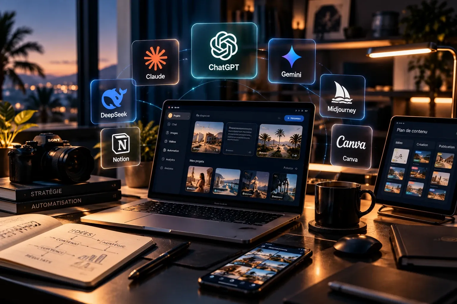 Bureau de nuit avec un ordinateur portable entouré des logos d’outils d’intelligence artificielle, dont ChatGPT, Claude, Gemini et DeepSeek.