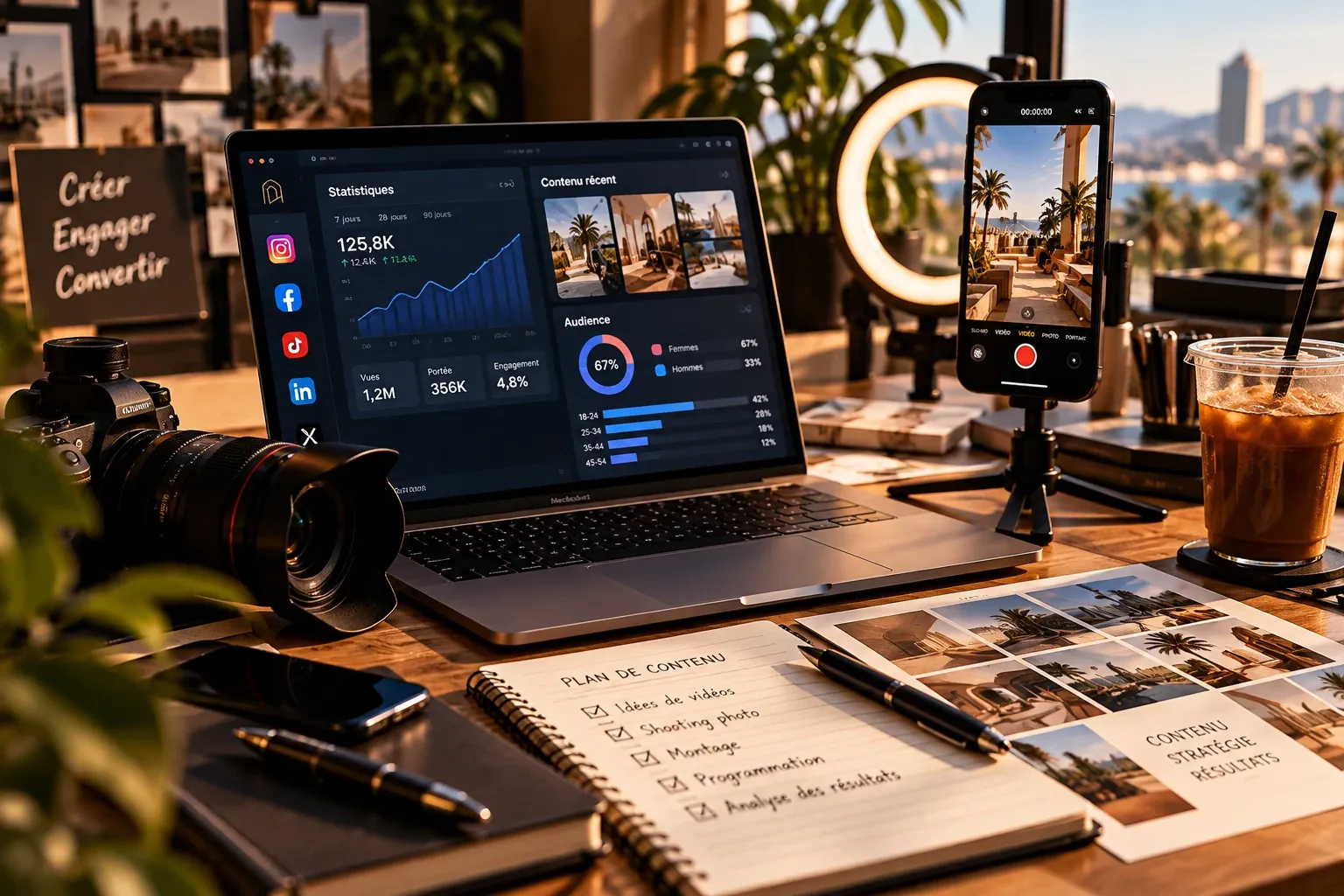 Espace de travail de communication digitale : ordinateur affichant des statistiques de réseaux sociaux, appareil photo, smartphone sur trépied et plan de contenu.