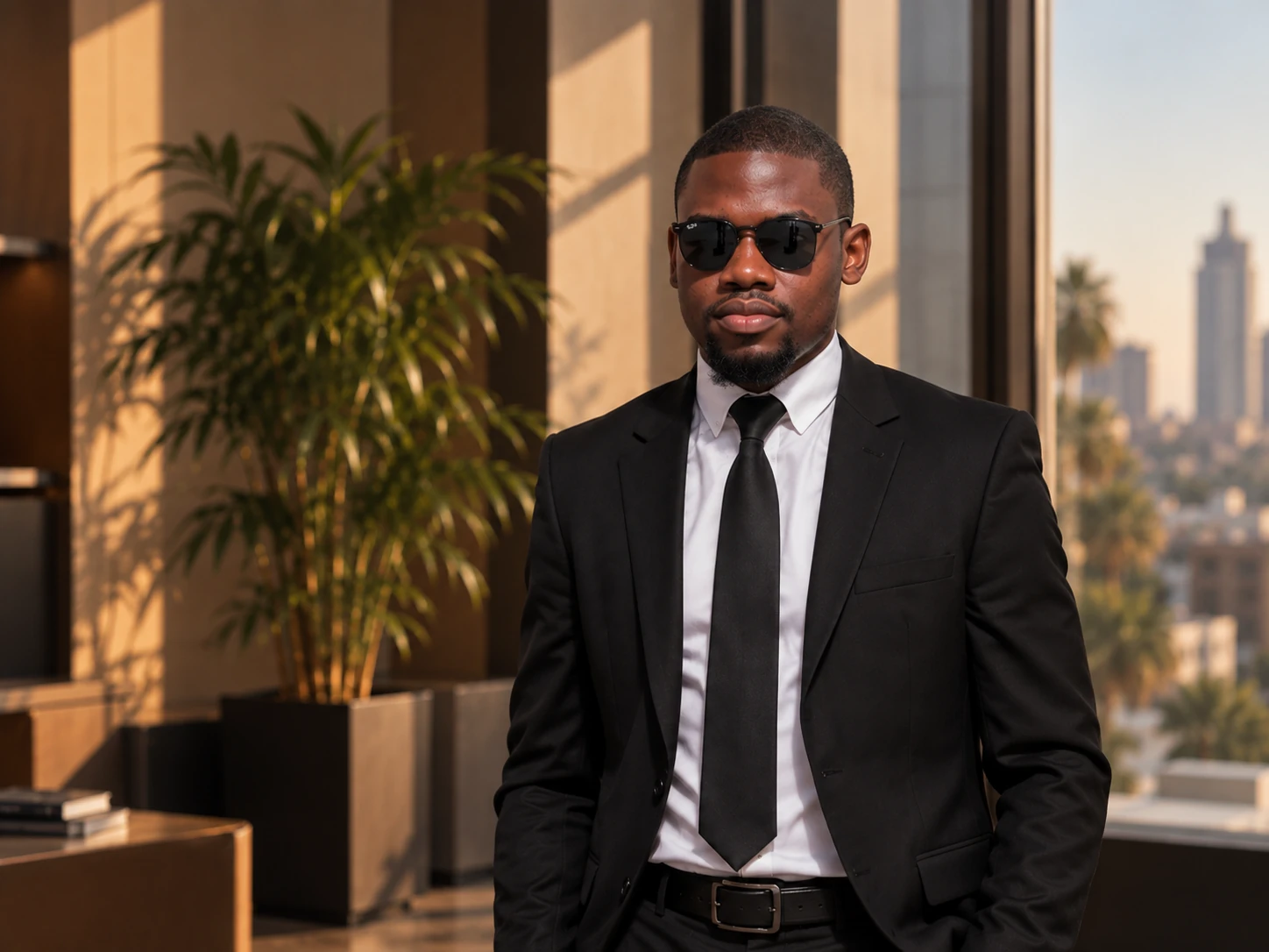 Portrait d’Axel Katshiza Kaumba, debout en costume devant une baie vitrée.