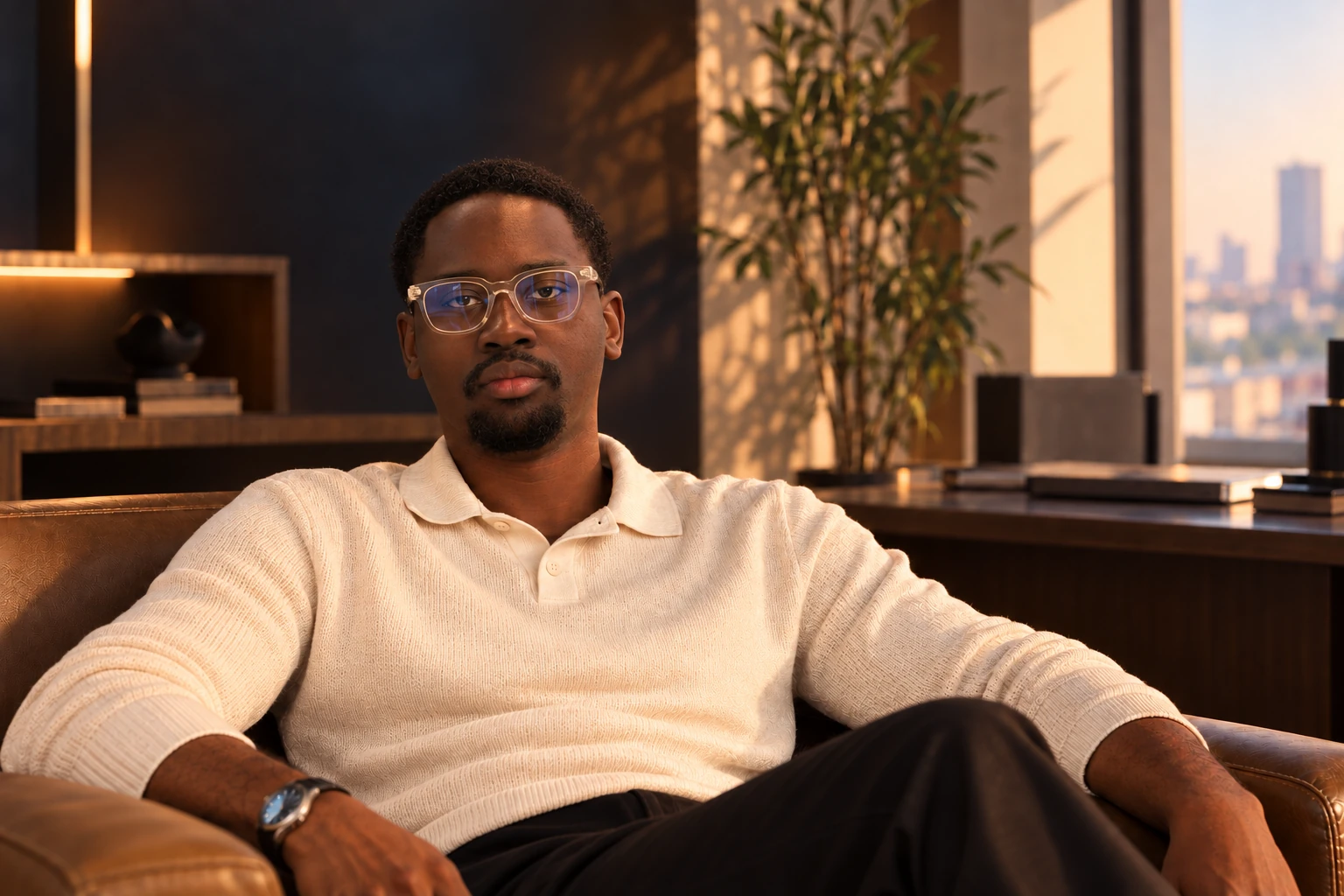 Portrait de Ruddy Kakoma Kaumba, assis dans un fauteuil en cuir.
